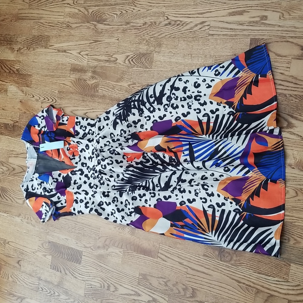 (L) NWT Dressfo Abstract Art Deco Leopard Print Floral Colorful Midi Fit & Flare